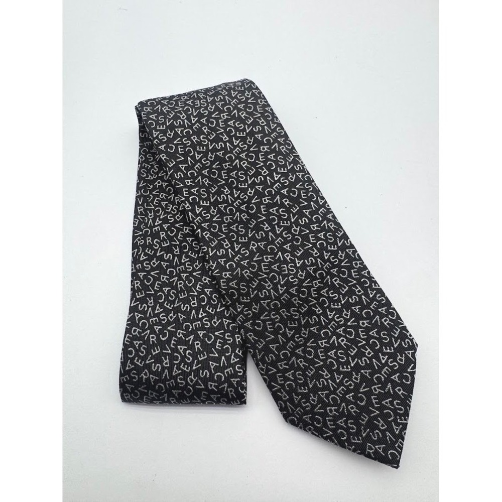 Versace Mens 100% Silk Tie Black Silver Logo Monogram Made Italy Luxury